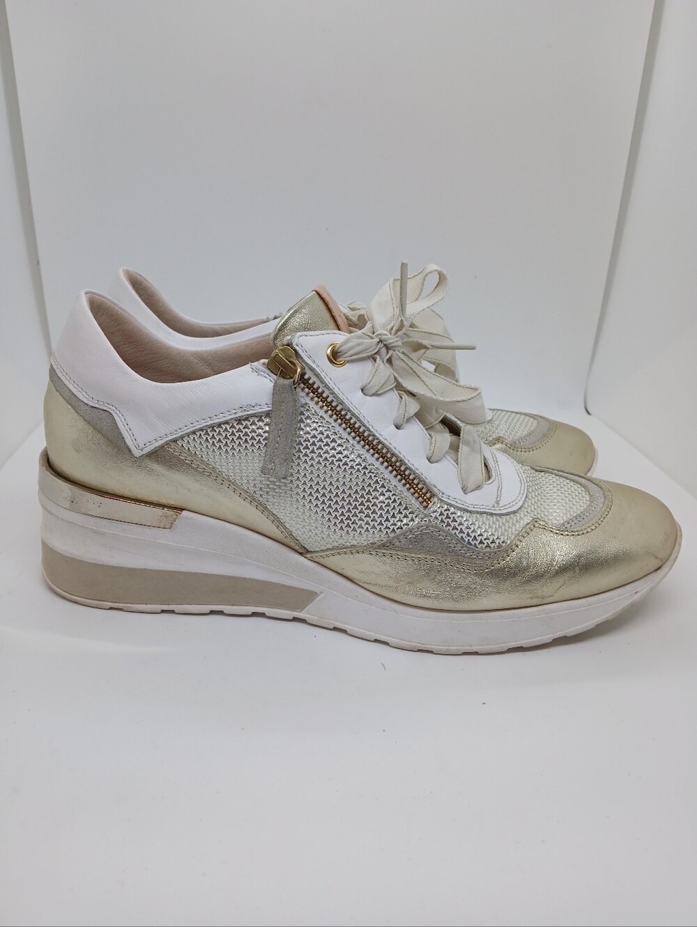 ​Ron White Rosa White Gold Metallic Leather Wedge Zip Sneakers 41 US 10